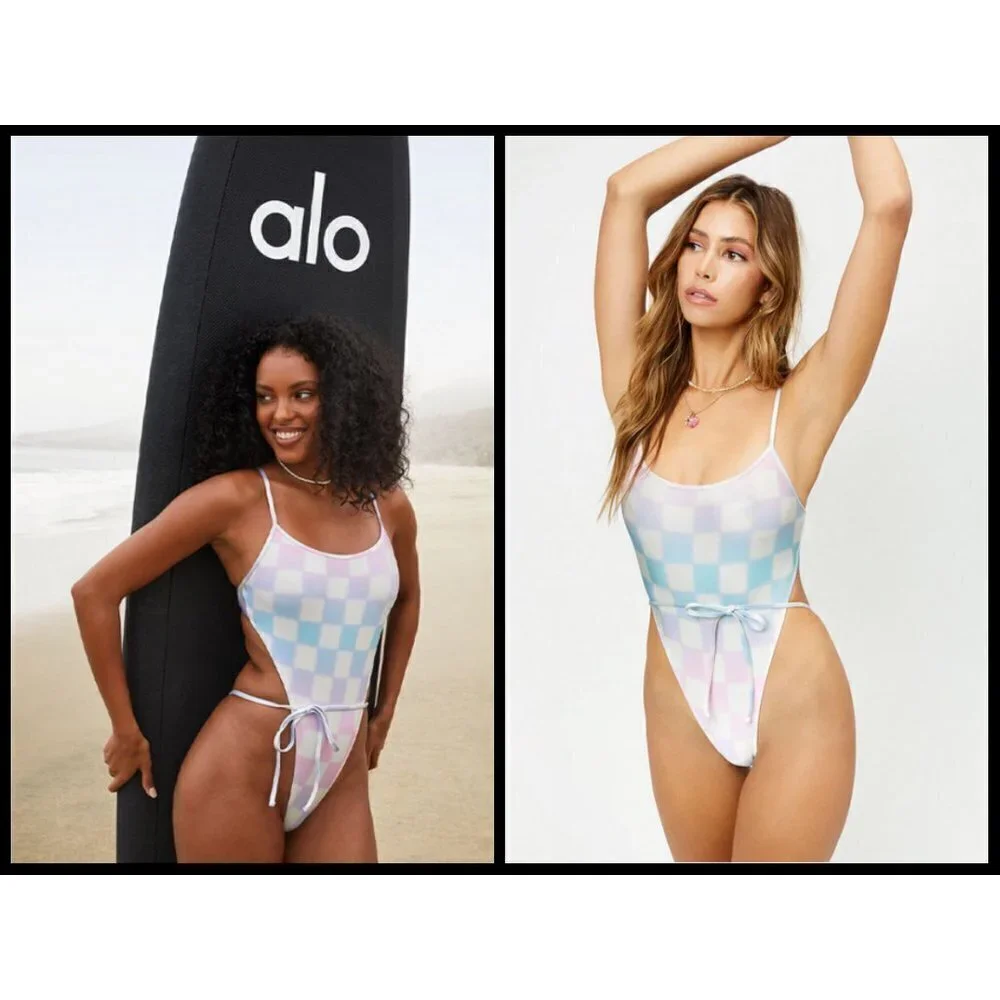 💕ALO x FRANKIES BIKINIS💕 Croft One Piece Swimsuit ~ Pastel Checker Large L NWT